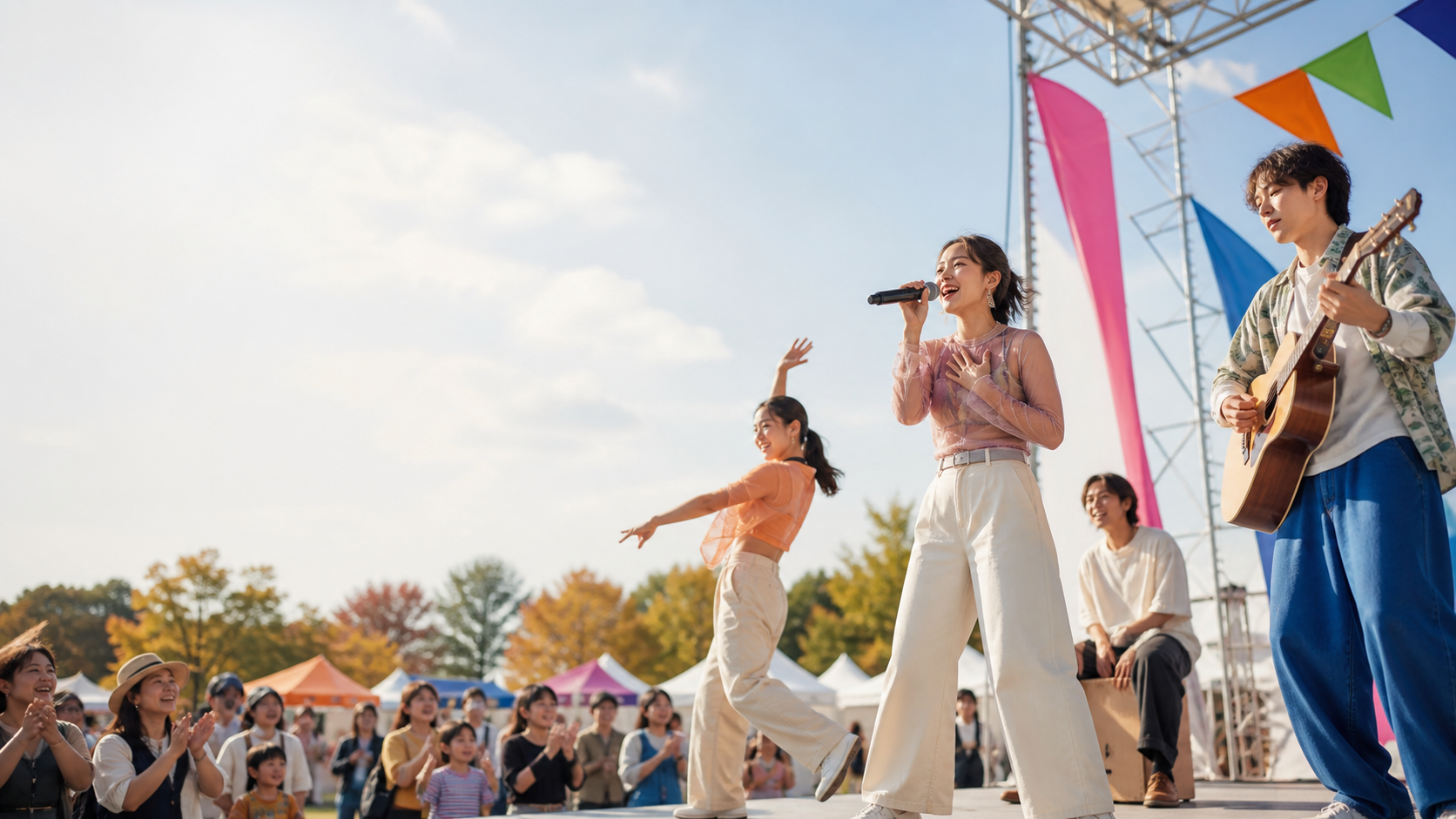 野外ステージで歌やダンス、演奏を披露する出演者たち